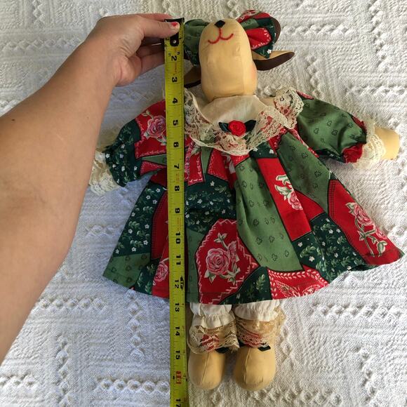 Handmade Country Christmas Moose Doll 16” Patchwork Lace Dress Farmhouse Decor - Picture 13 of 16